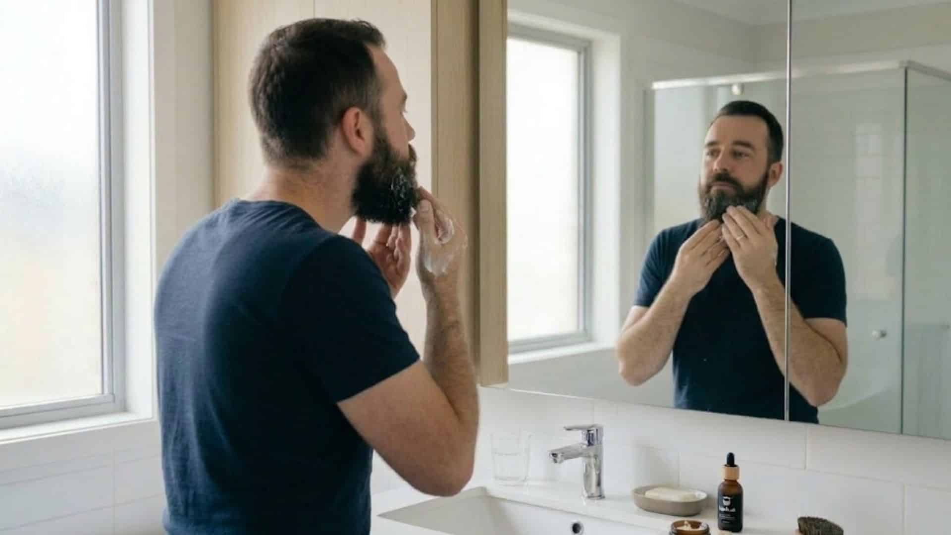 modern bathroom, a man applies beard balm, using his hands to shape and style his dark facial hair
