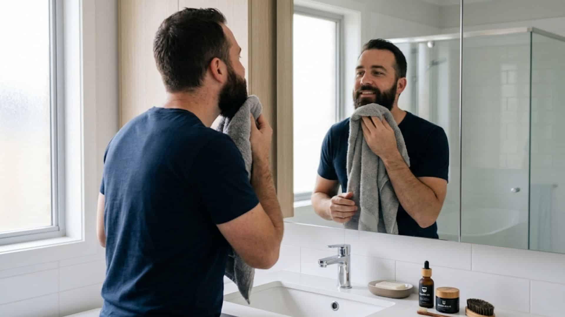 modern bathroom, a man gently pats his dark beard dry with a gray towel while looking into the mirror