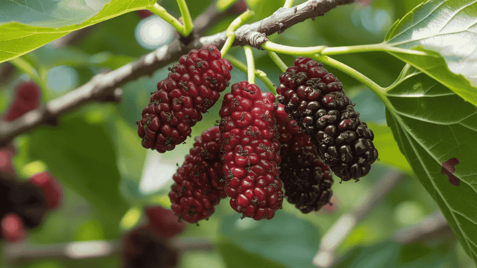 mulberries growing on tree branch showing red and dark berries naturally high in potassium for healthy fruit diet