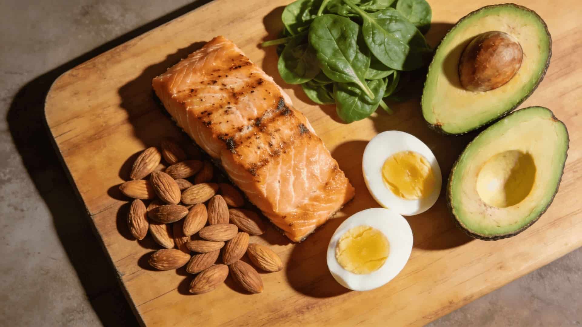 no-carb diet foods including grilled salmon, boiled eggs, almonds, spinach, and avocado on a wooden board