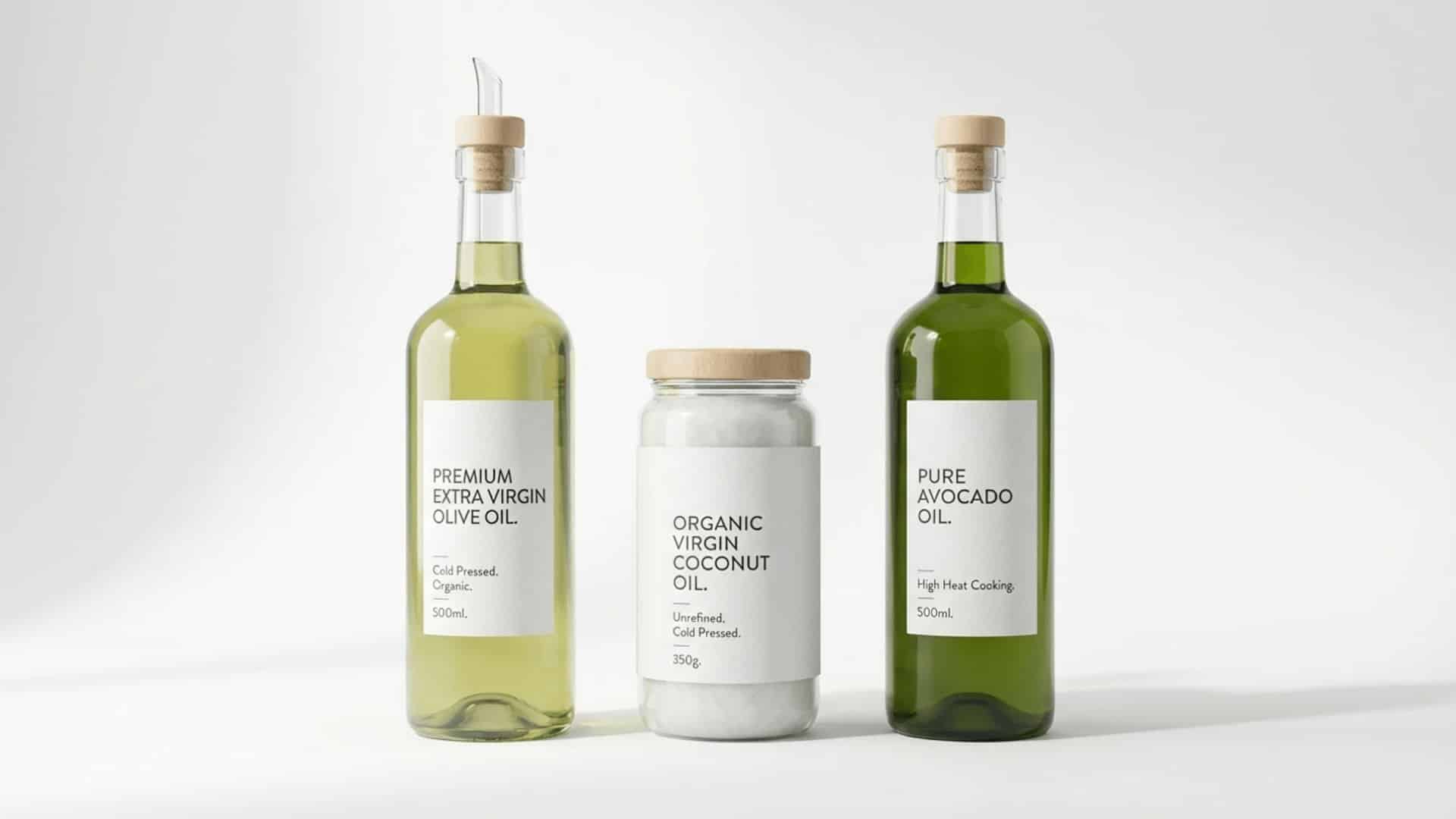 olive oil, coconut oil, and avocado oil bottles displayed as safe low histamine cooking fats