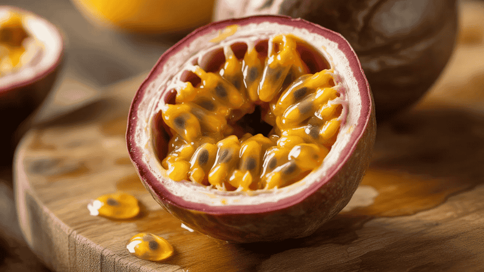 passion fruit cut open showing yellow pulp and black seeds naturally high in potassium for healthy fruit diet