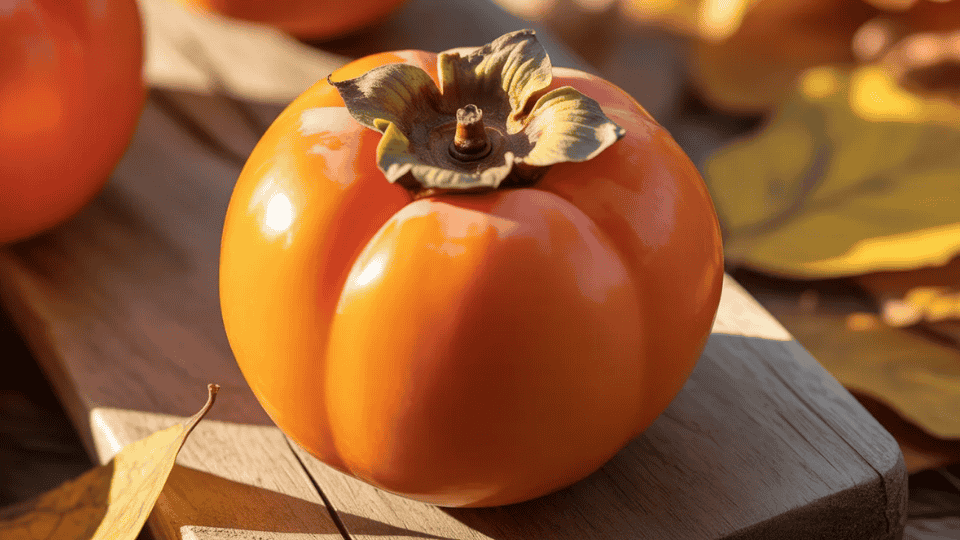 persimmon whole bright orange fruit with green calyx on wooden board naturally high in potassium for healthy fruit diet
