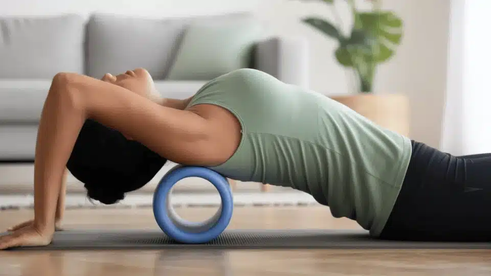 person doing thoracic mobility exercises on a mat with foam roller in at home