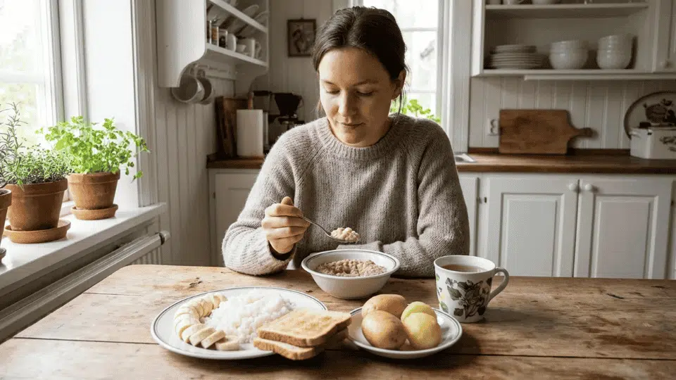 person eating oatmeal at a kitchen table with rice, banana slices, toast, and boiled potatoes as gentle foods for calming the gut