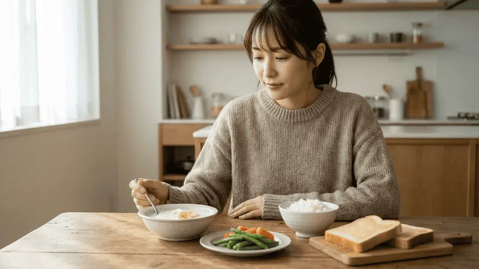 person eating simple, easy-to-digest foods like rice, toast, yogurt, and vegetables at a wooden table in a calm kitchen setting