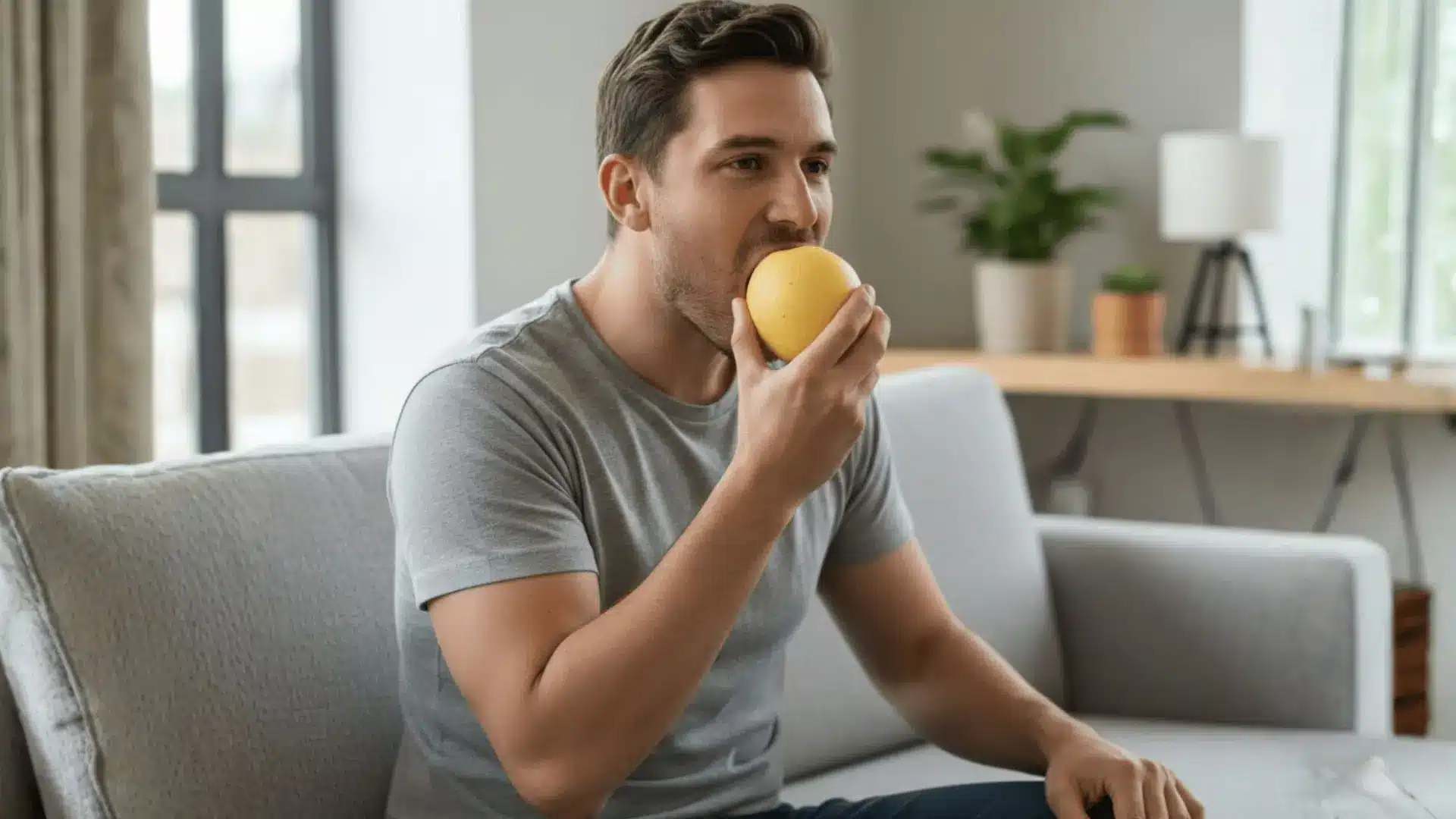 person enjoying a fresh asian pear, seated comfortably on a couch in a bright, cozy room