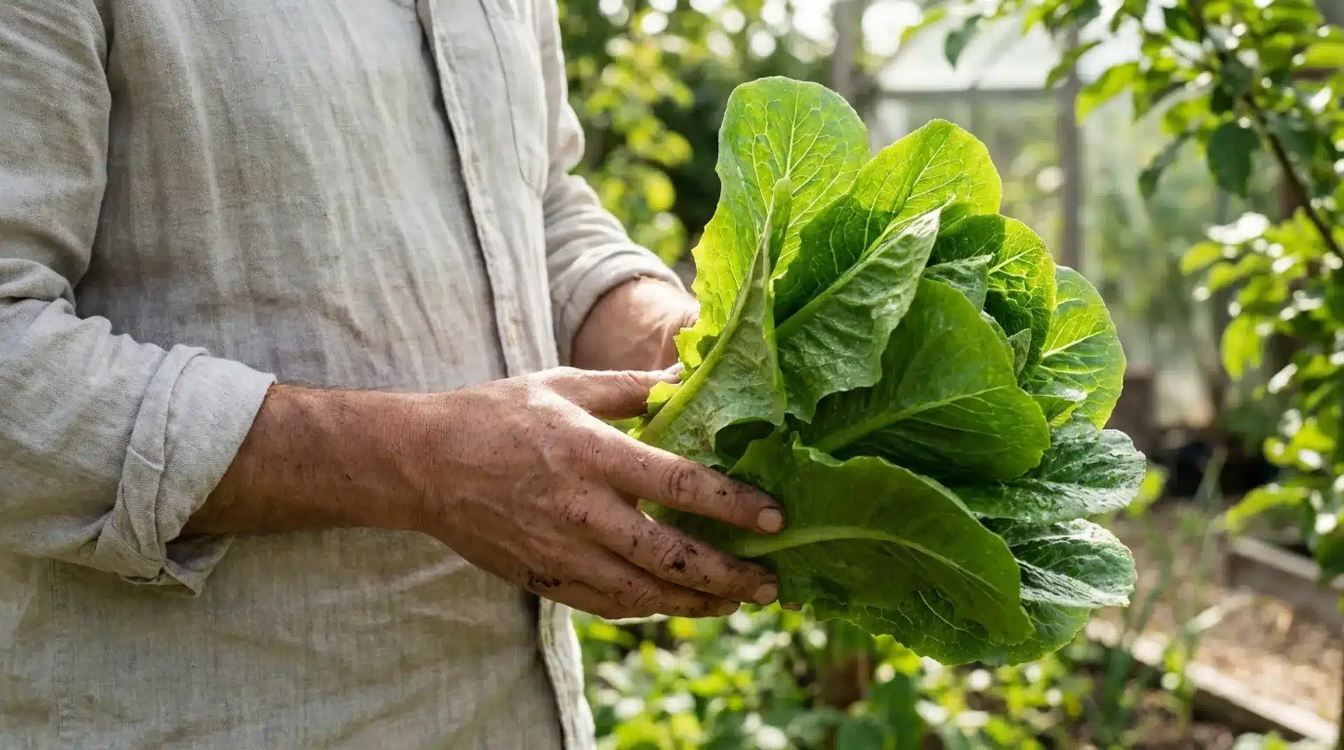 person holding freshly harvested leafy greens in garden, showing dirt-covered hands, and natural sunlight