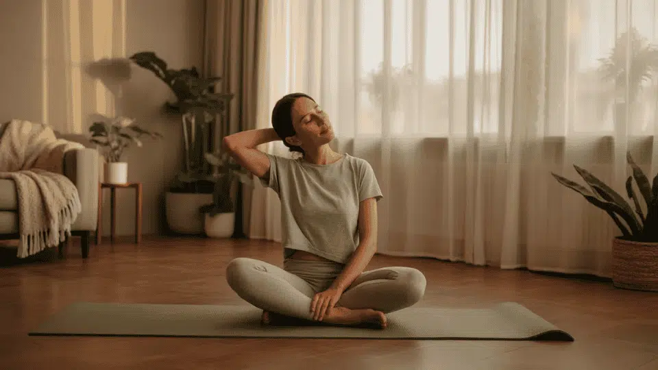 person performing gentle neck stretches on a yoga mat at home for occipital neuralgia relief