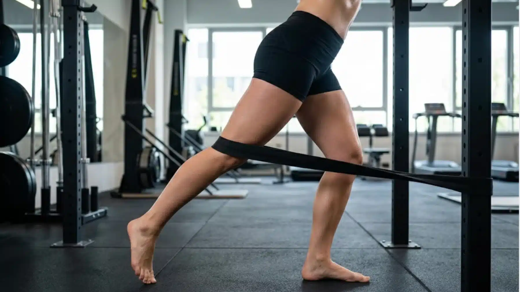 person performing resistance band hip extension in gym, strengthening glutes with controlled single leg movement