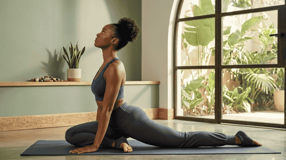 person practicing pigeon pose yoga stretch on mat to release hip tension and support lower back comfort for sciatica relief