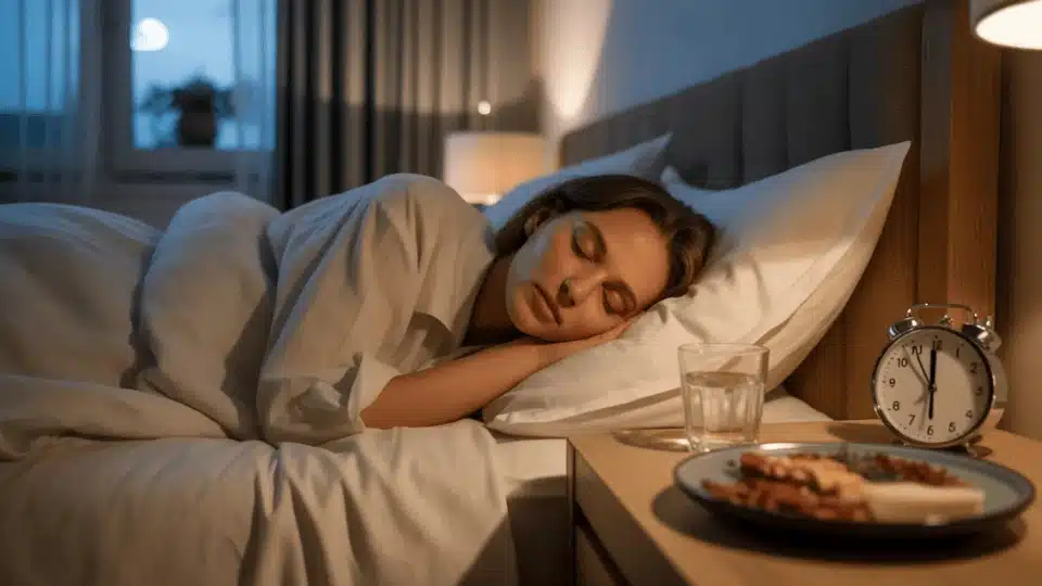 person sleeping peacefully in a bedroom with dinner plate and clock showing night to morning hours