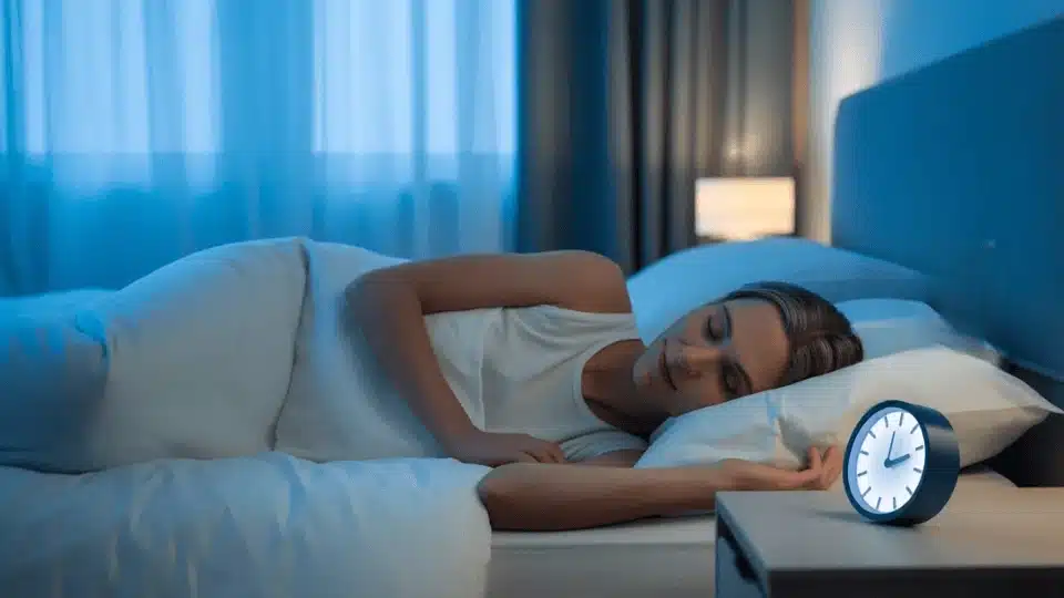 person sleeping peacefully in a soft-lit bedroom with a clock showing overnight fasting hours, calm blue tones