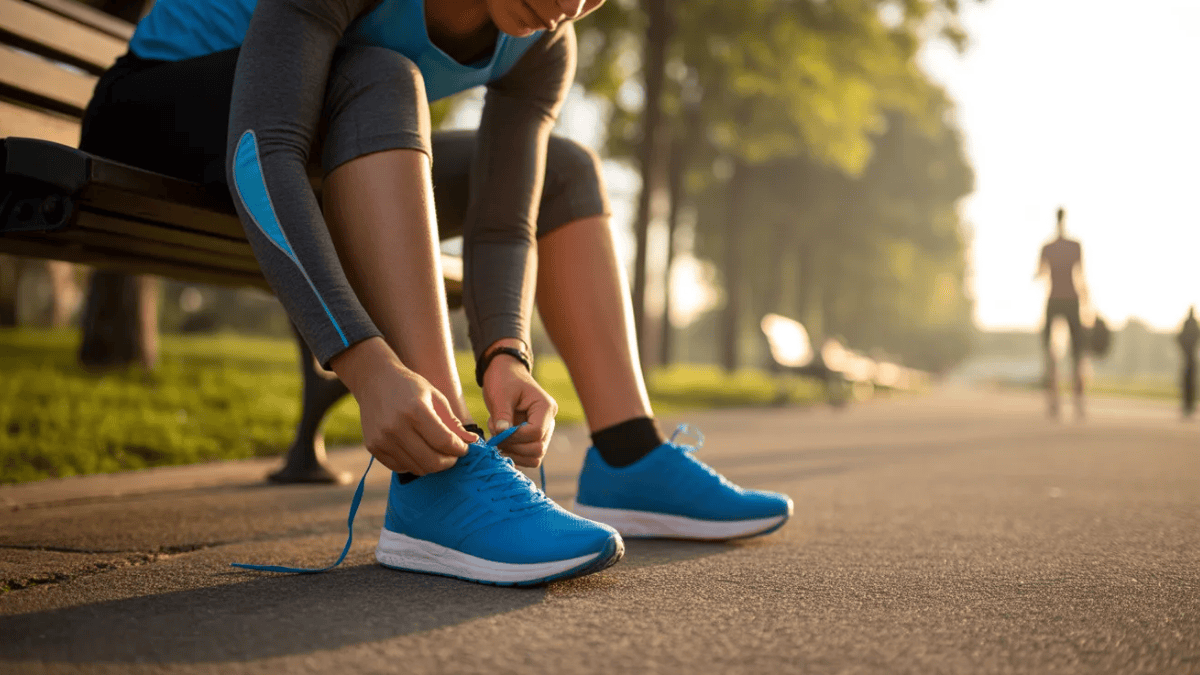 person tying running shoes before a morning run showing daily exercise habit that supports healthy weight loss routine