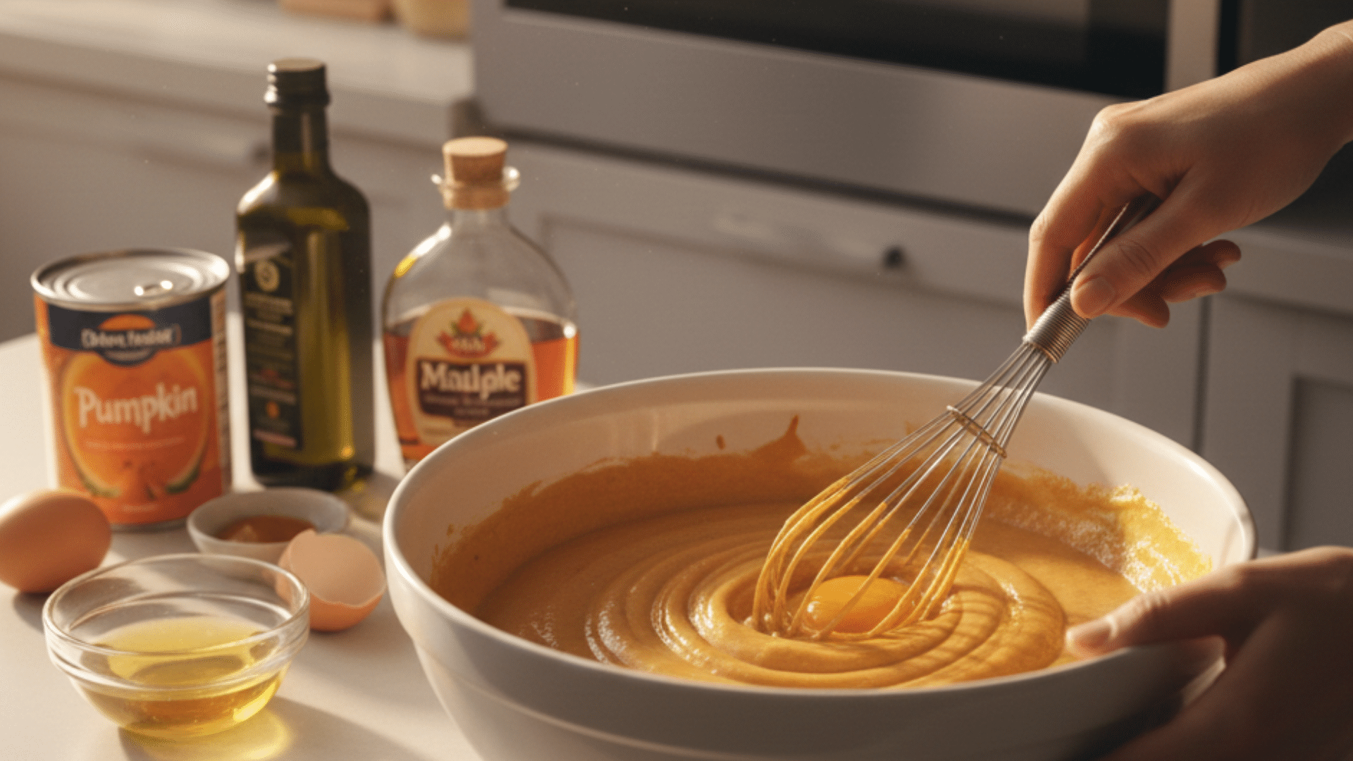 person whisks an egg into orange batter in a white bowl, surrounded by pumpkin puree, oil, and syrup