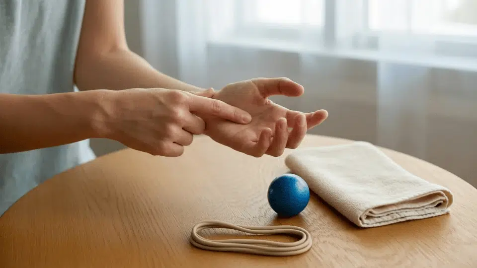 person performing trigger finger hand exercises with a rubber band and therapy ball on a wooden table