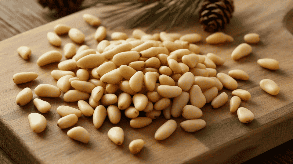 pine nuts on wooden board potassium rich nuts healthy snack ingredient for balanced diet and nutrition