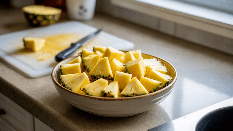 pineapple whole tropical fruit with spiky skin and green crown naturally high in potassium for healthy fruit diet