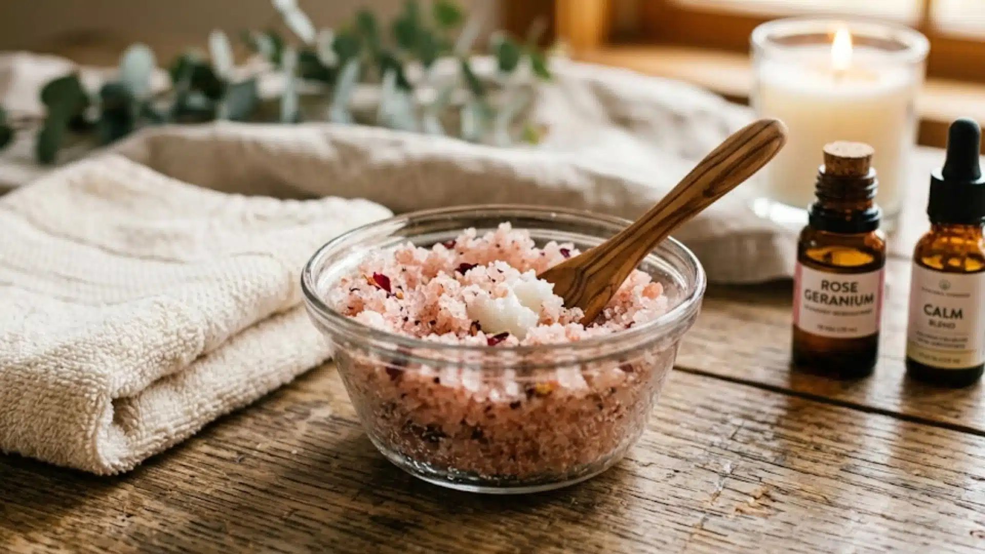 pink salt scrub in glass bowl with essential oils