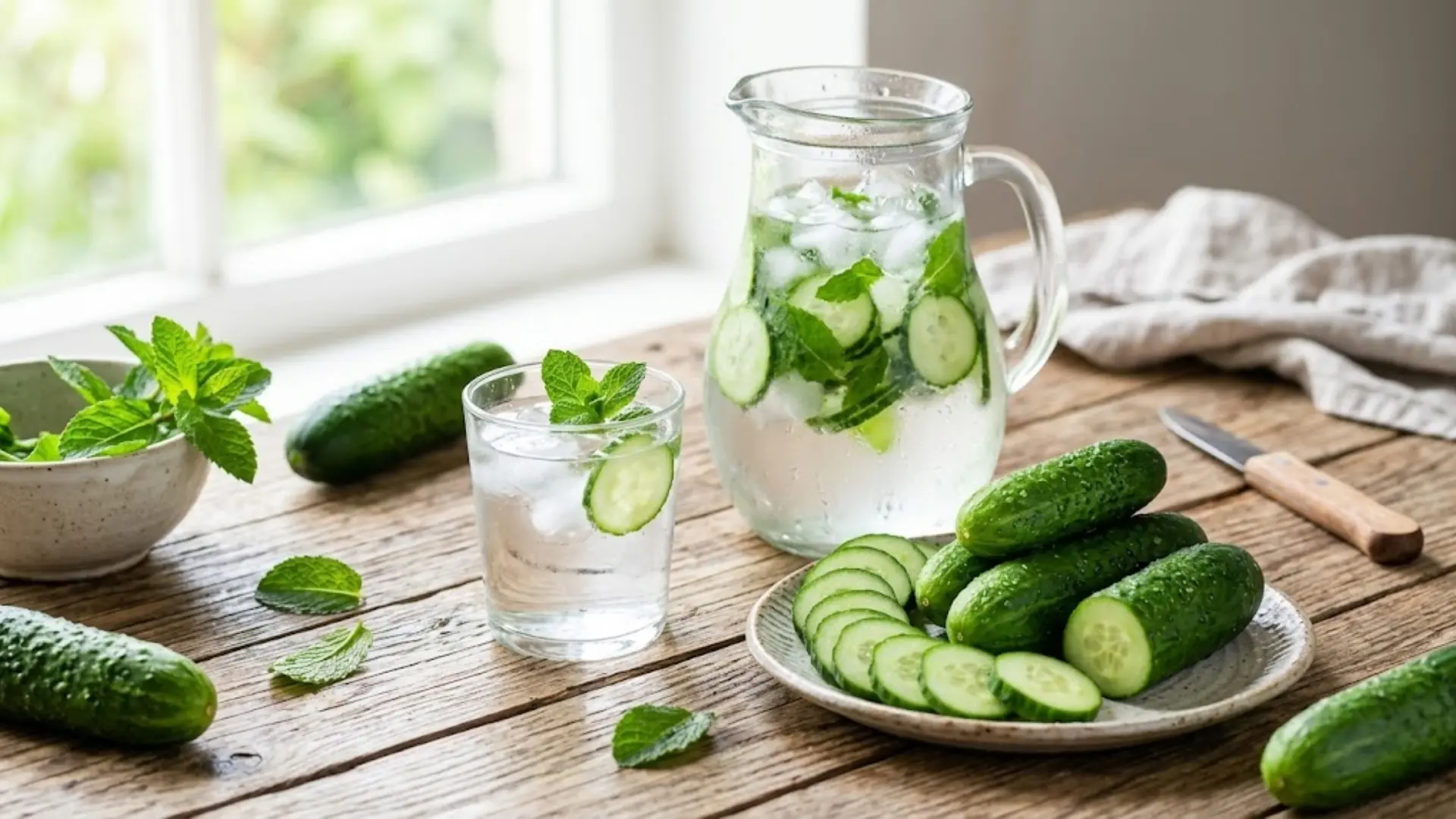 pitcher and glass of ice water with mint and sliced cucumbers on a rustic wooden table by a sunny window