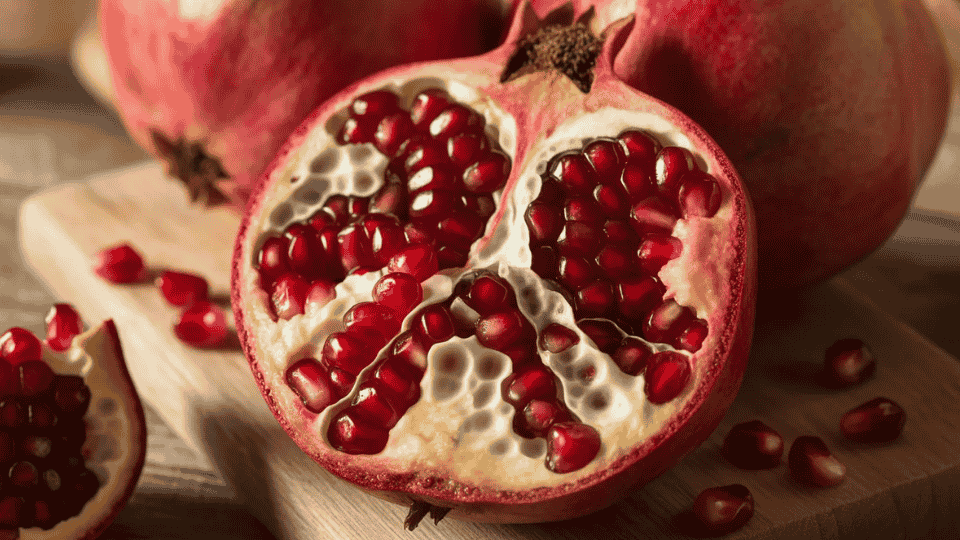 pomegranate cut open showing red seeds on wooden board naturally high in potassium for healthy fruit diet and nutrition