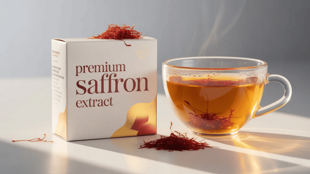 premium saffron extract box next to a cup of saffron tea with saffron floating in warm saffron tea
