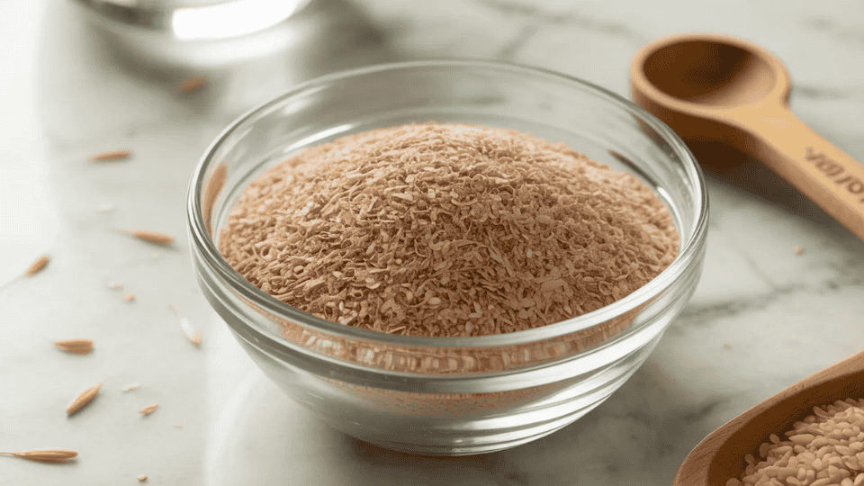 psyllium husk powder in a glass bowl, a fiber rich herb often used to support weight loss and digestion