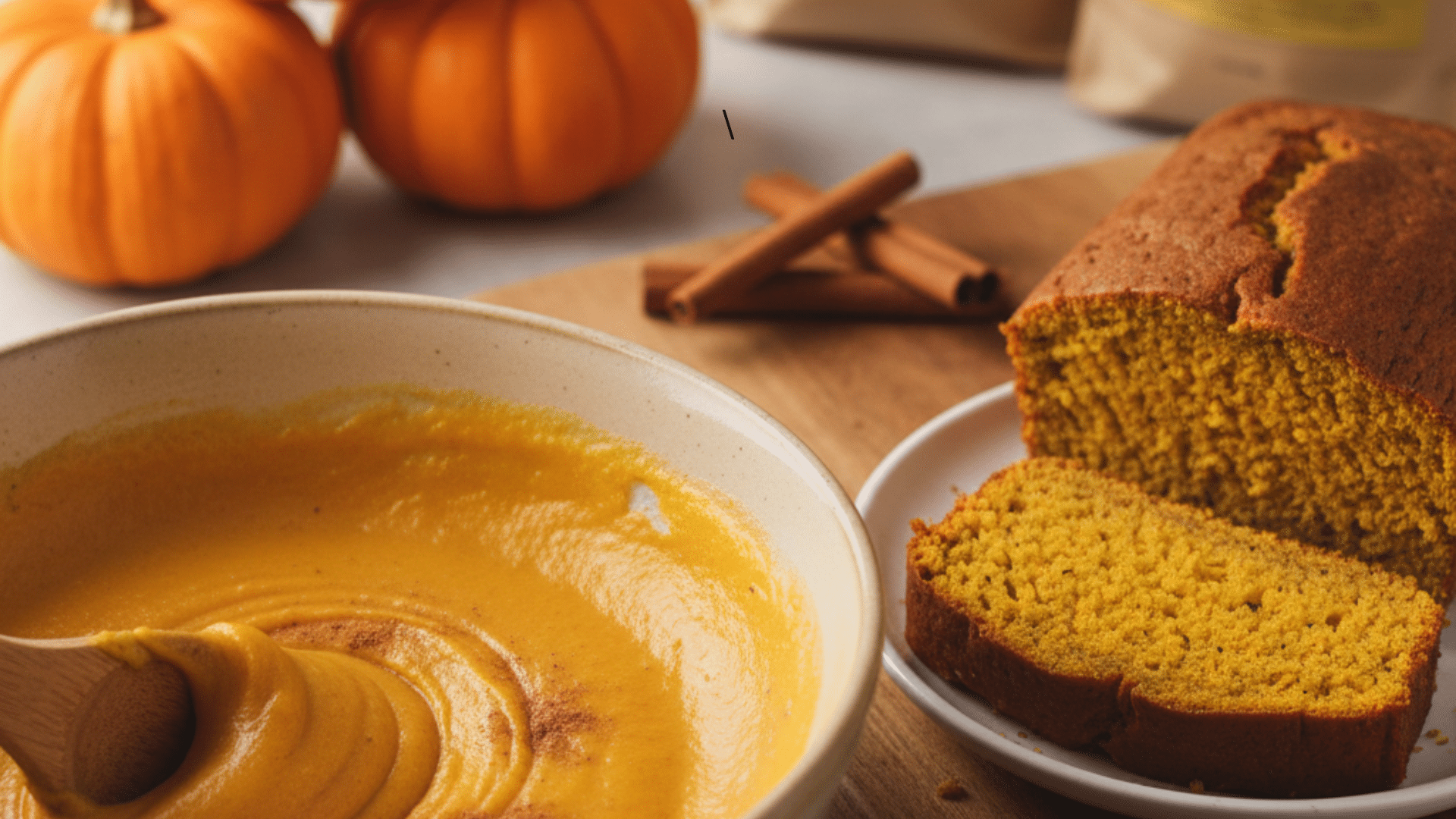 _pumpkin puree being stirred into a mixing bowl, with whole pumpkins, cinnamon sticks, and a few whole wheat flour bags in the background