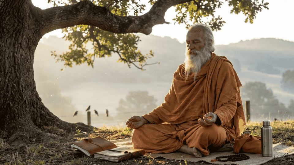raja yogi meditating cross-legged under a tree at sunrise, practicing calm breathing and deep mindfulness in nature
