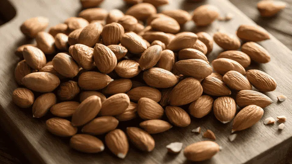 raw almonds on wooden board natural potassium rich nuts healthy snack ingredient for balanced diet and nutrition