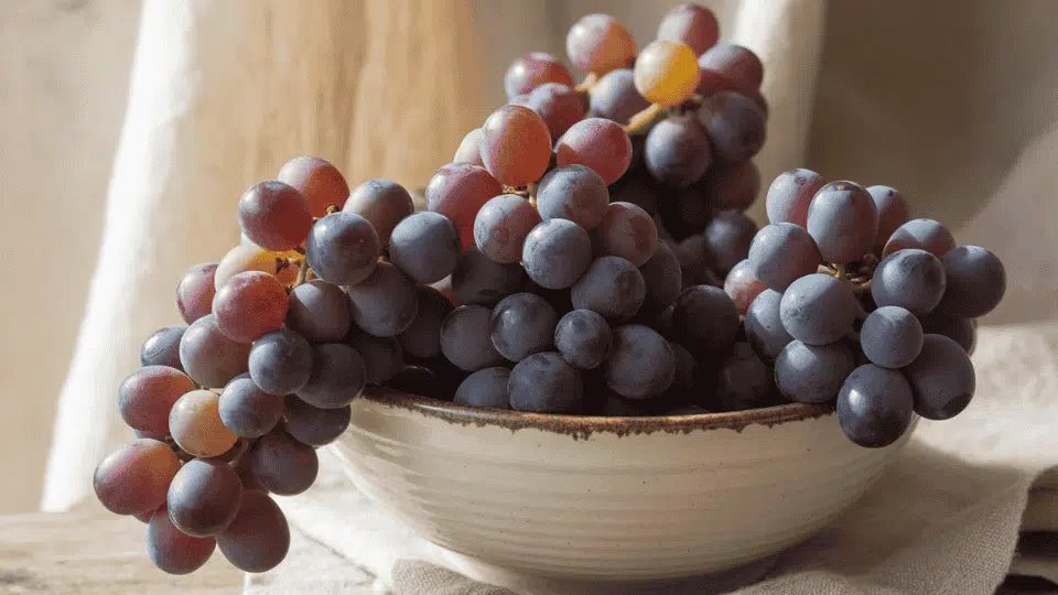 red and purple grapes in a bowl, often limited on a low histamine diet depending on individual tolerance