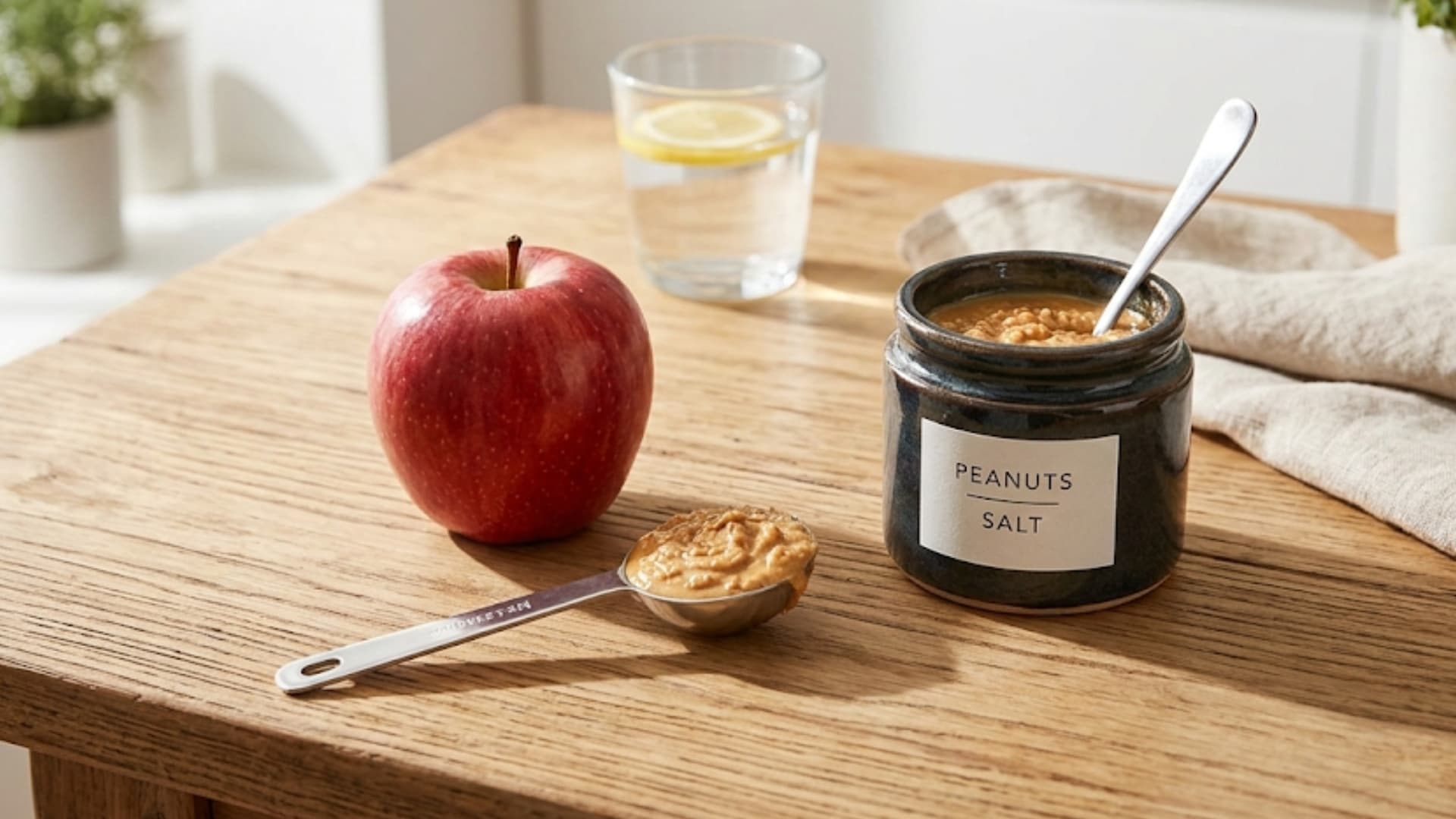 red apple and natural peanut butter jar sit on a wooden table with a measured tablespoon of peanut butter