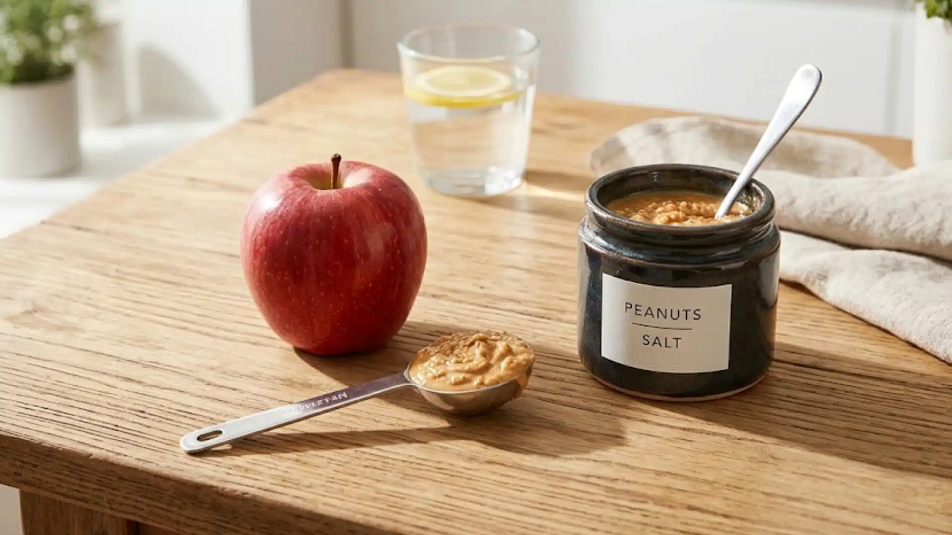 red apple and natural peanut butter jar sit on a wooden table with a measured tablespoon of peanut butter