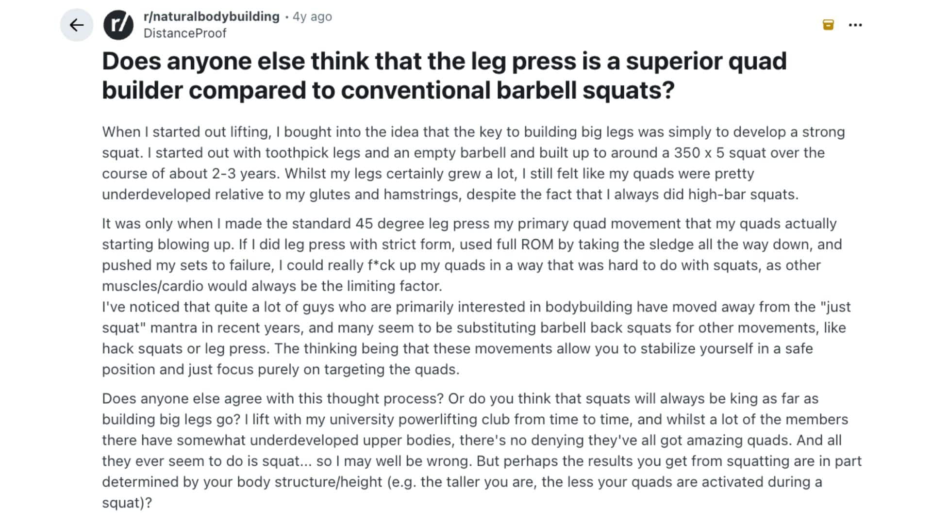 reddit post in rnaturalbodybuilding debating whether the leg press is a superior quad builder compared to conventional barbell squats