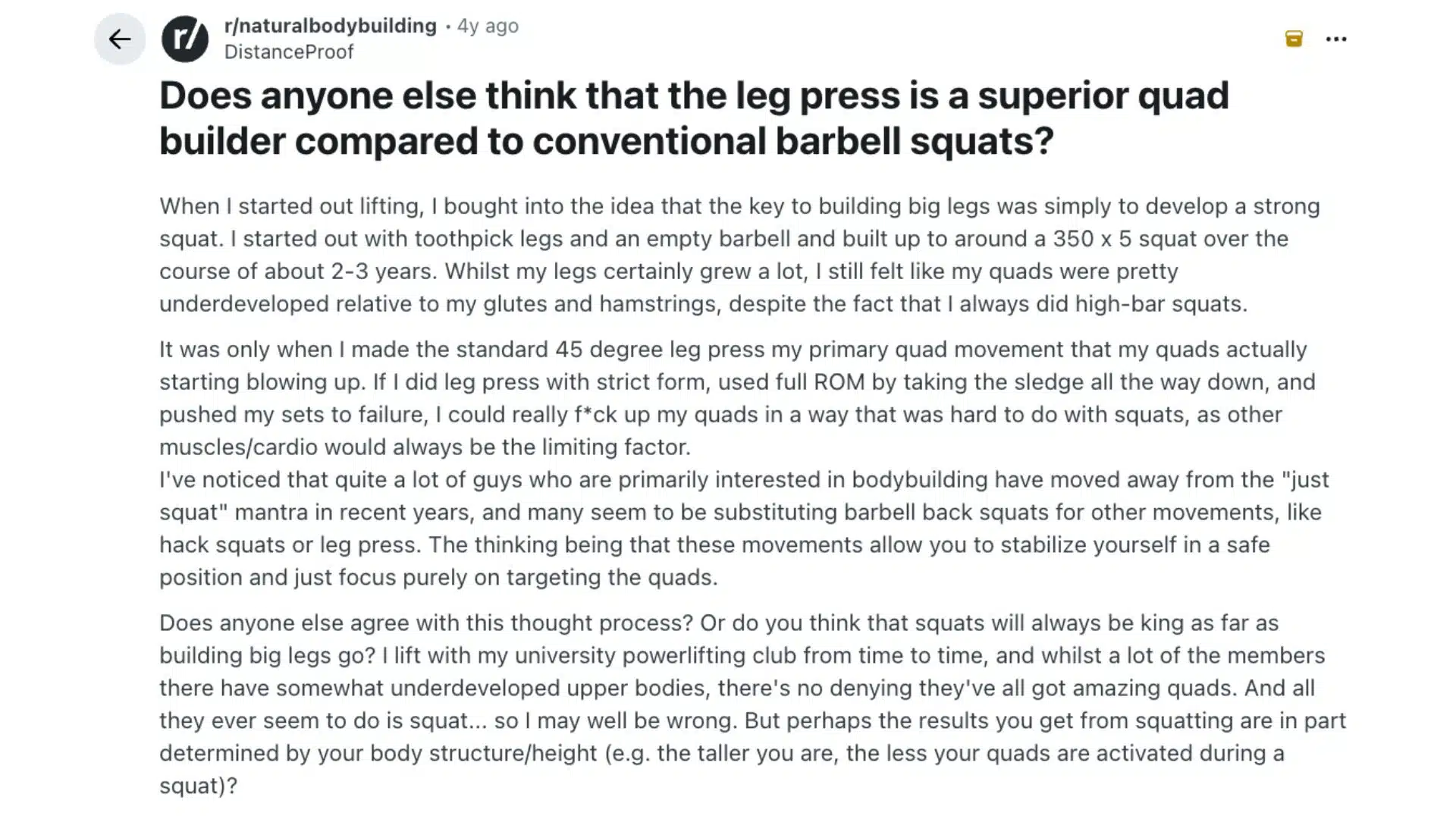 reddit post in rnaturalbodybuilding debating whether the leg press is a superior quad builder compared to conventional barbell squats