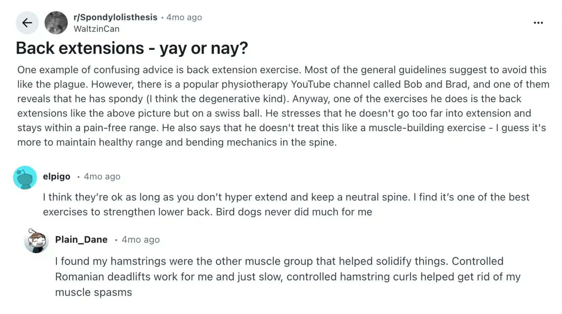 reddit thread discussing back extensions, users debating safety, neutral spine advice and tips for back pain