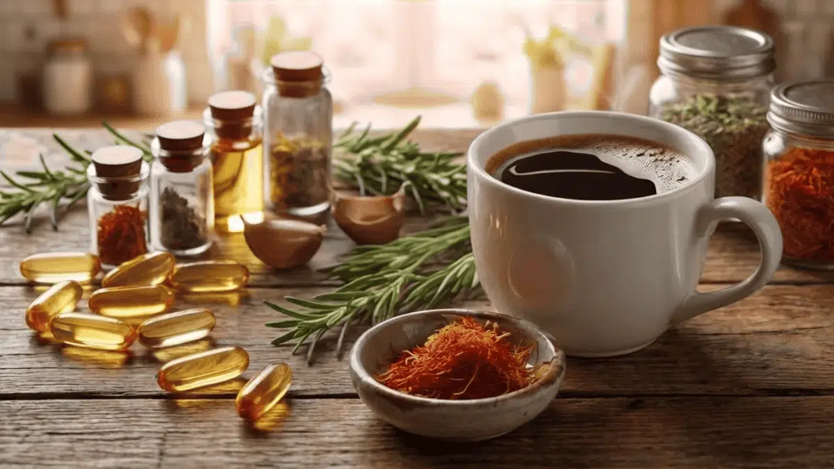 saffron in a bowl with pills, herbs, coffee on a kitchen table showing potential risks of mixing saffron with other substances