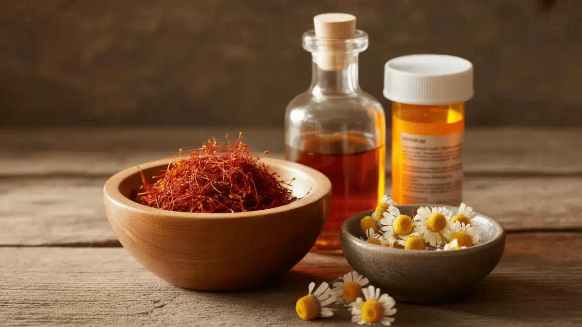 saffron in a bowl with prescription drugs, chamomile flowers, and alcohol on a kitchen table showing potential risks of mixing saffron with other substances