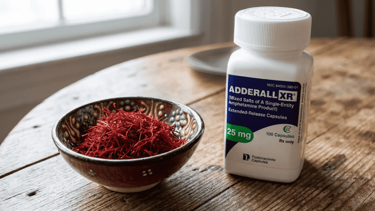 saffron threads in a bowl next to adderall xr bottle highlighting the comparison between saffron and prescription meds for adhd