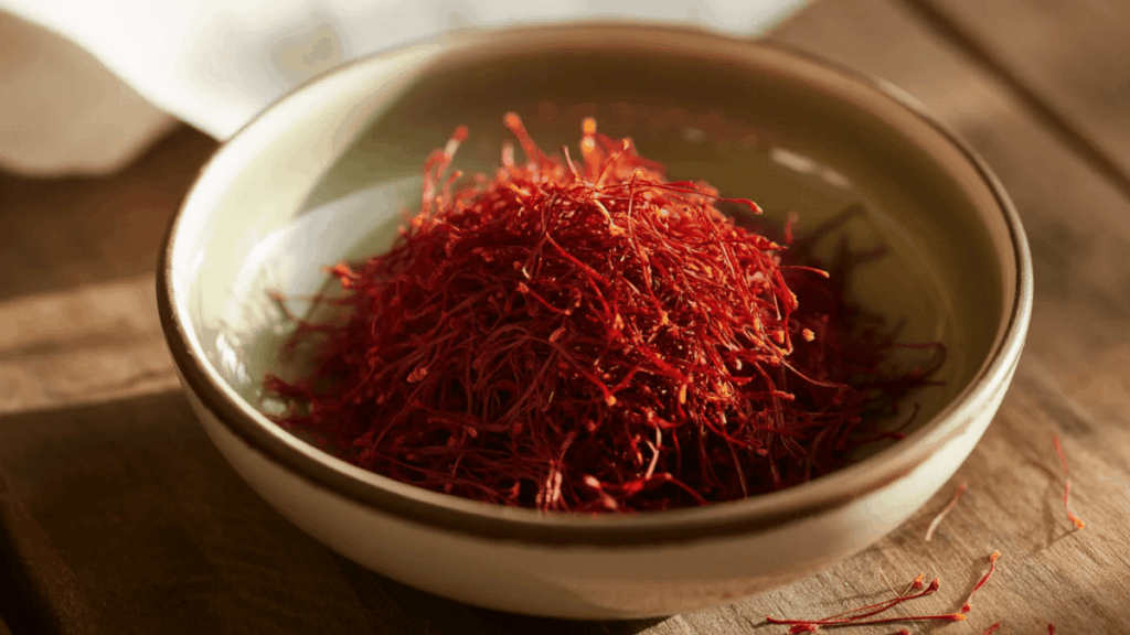 saffron threads in a small bowl placed on a wooden surface with soft lighting highlighting the vibrant red color of the threads