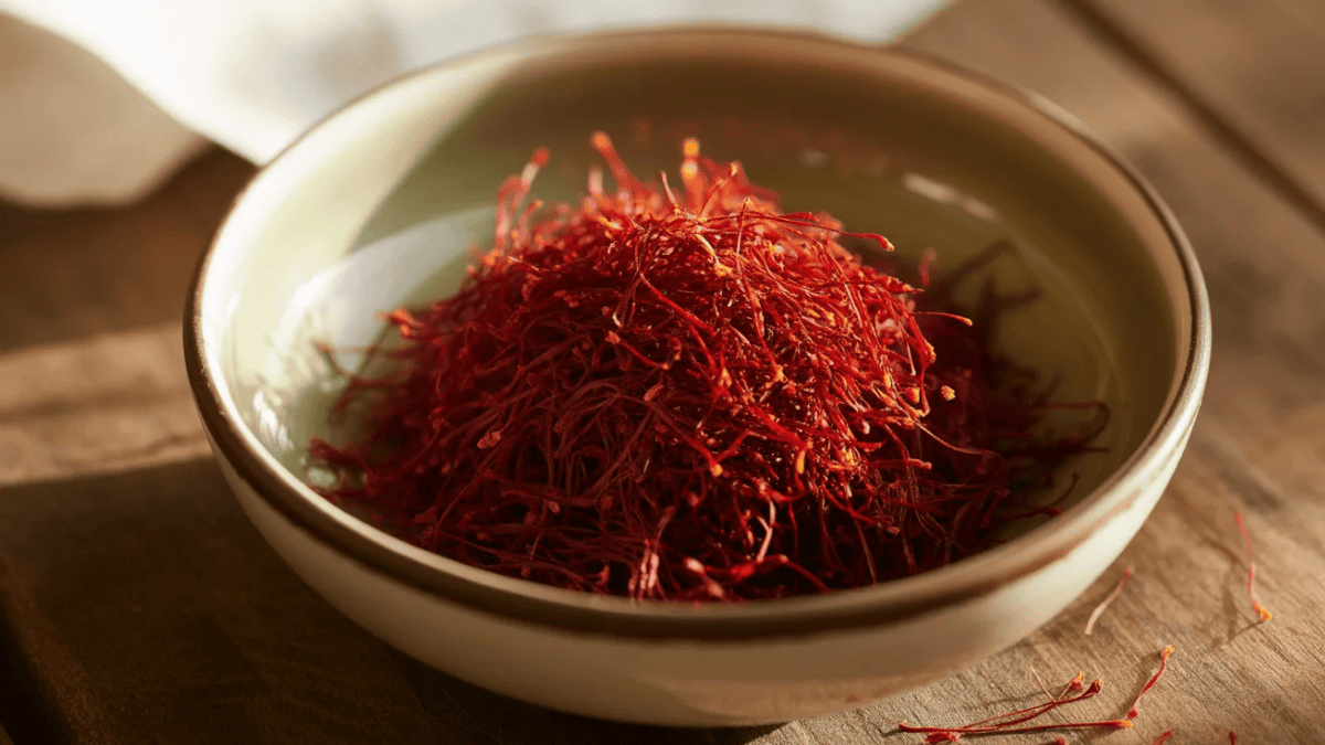 saffron threads in a small bowl placed on a wooden surface with soft lighting highlighting the vibrant red color of the threads