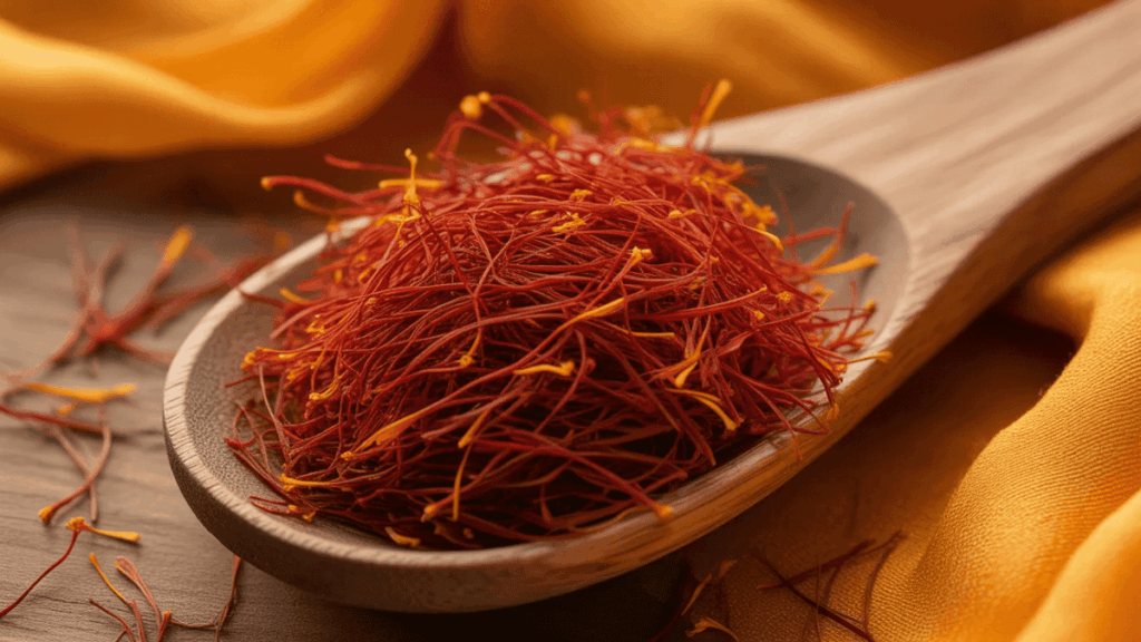 saffron threads on a wooden spoon with yellow fabric background showcasing vibrant red spice
