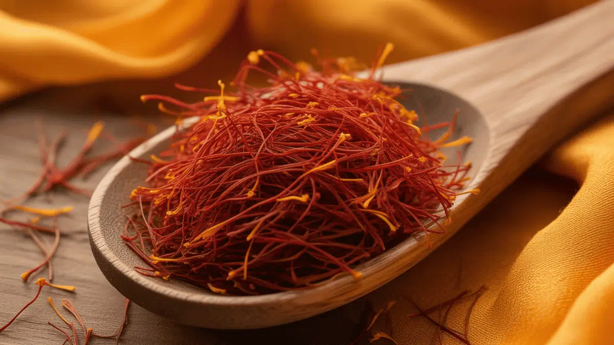 saffron threads on a wooden spoon with yellow fabric background showcasing vibrant red spice