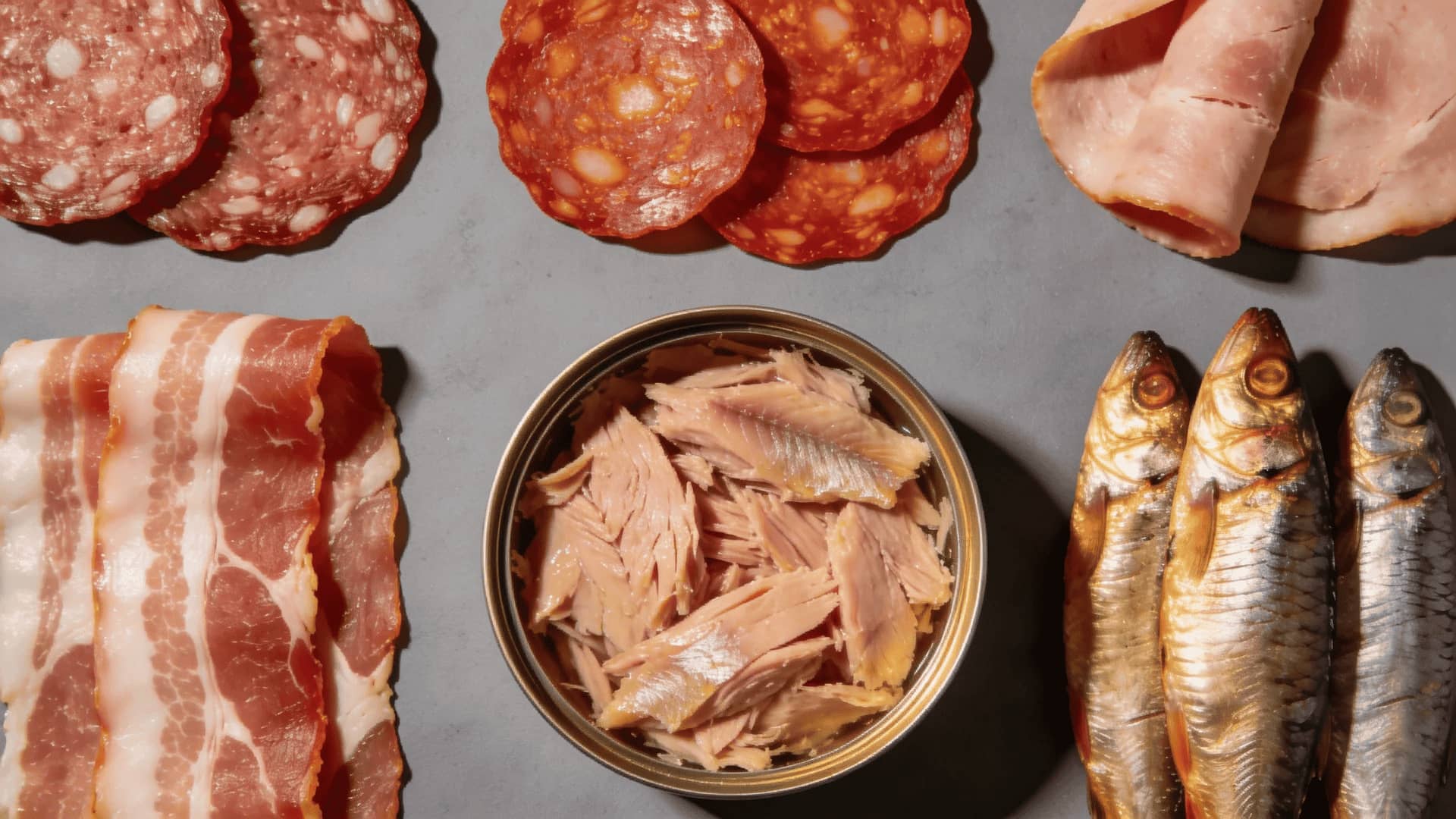 salami, pepperoni, bacon, and canned fish displayed as high histamine processed meats to avoid