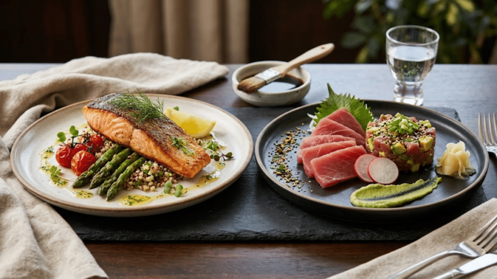 salmon and tuna dishes, served on white plates showing healthy protein rich seafood meal