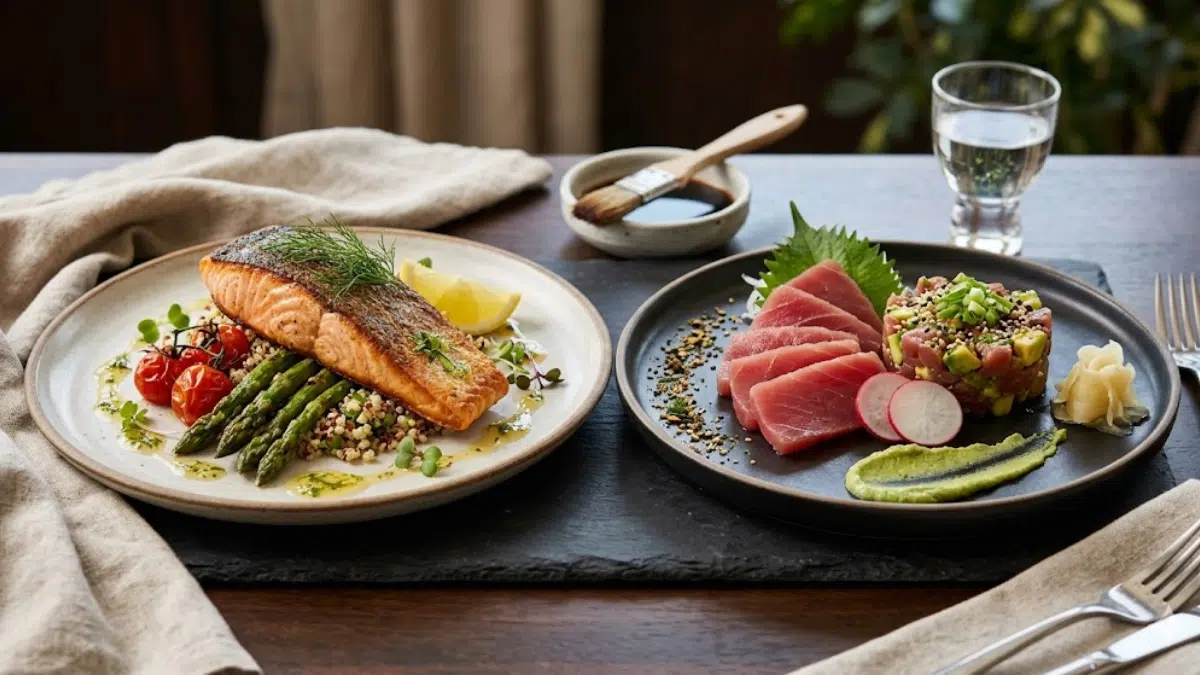 salmon and tuna dishes, served on white plates showing healthy protein rich seafood meal