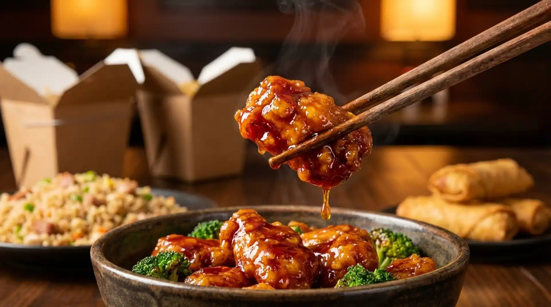 saucy fried chicken held with chopsticks over bowl, with fried rice, egg rolls, and takeout boxes in background