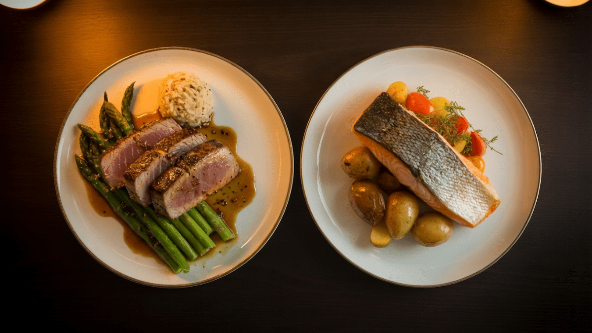 seared tuna with asparagus and rice and salmon with potatoes and vegetables on white plates