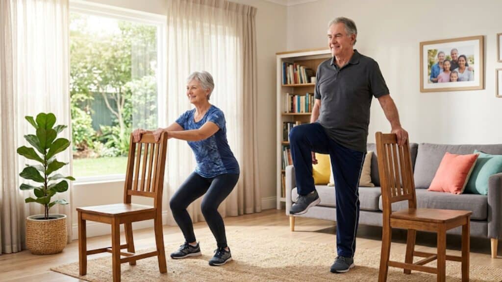 senior man and woman perform leg exercises and chair squats in a sunlit, modern living room for home fitness