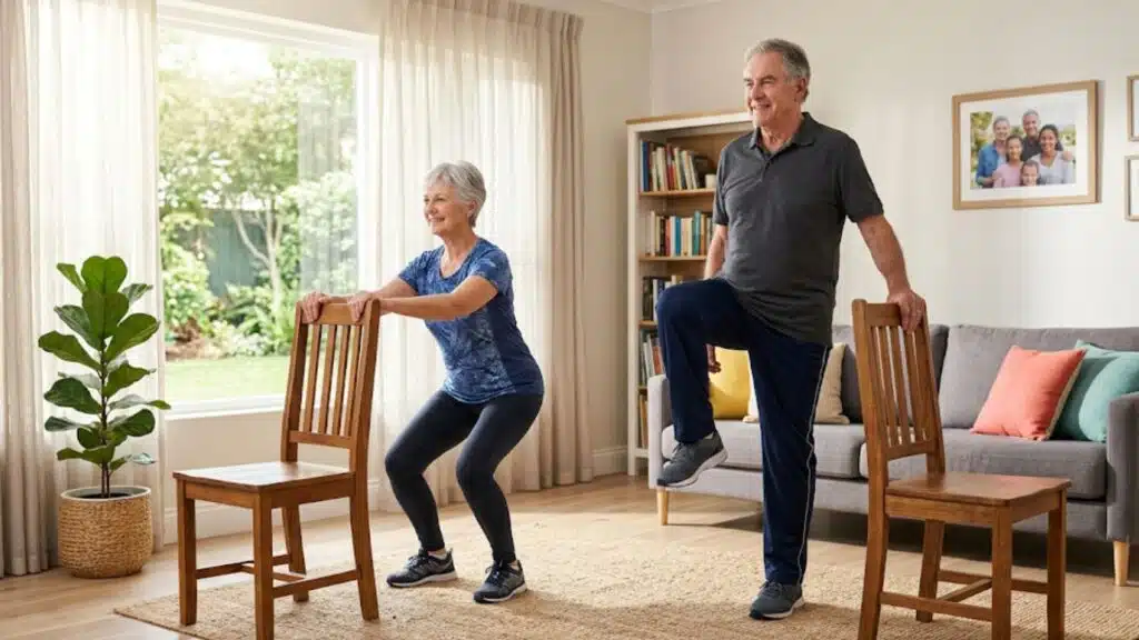 senior man and woman perform leg exercises and chair squats in a sunlit, modern living room for home fitness